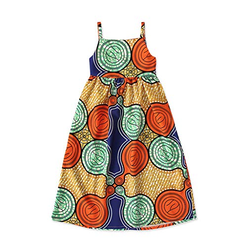 Girls African Dashiki 3D Digital Print Suspenders Princess Dress Summer Kids Bohemian Casual Strap Dresses(Orange,6-7 Years)3