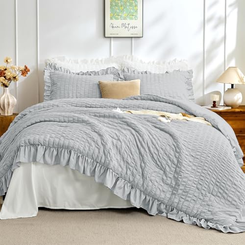Image of JOLLYVOGUE Light Grey King Comforter Set, 3 Pieces Seersucker Comforters King Size, Lightweight & Fluffy Bedding Sets King for All Season with 1 Ruffle Comforter and 2 Ruffle Pillowshams