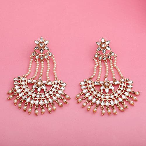 Estele 24Kt tradional long Chandbali with White Pearls for Women and Girls - Image 2