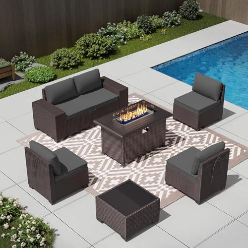 Image of 7 PCS Outdoor Patio Furniture Set,Outdoor Sectional Furniture with 43 inch 55000 BTU Gas Propane Fire Pit Table,All Weather PE Rattan Wicker Patio Conversation Set,Grey