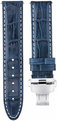 Ewatchparts 18mm Blue Leather Replacement Watch Strap White Stitching Silver Deployment Clasp Compatible With Baume Mercier