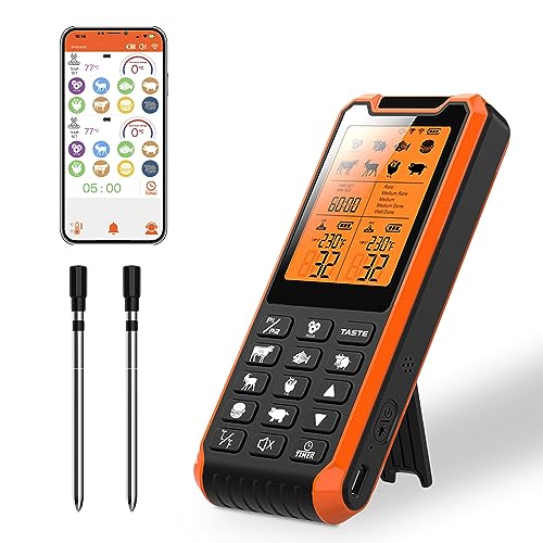 500FT Wireless Meat Thermometer 2 Probes, Smart Meat Thermometer, Bluetooth Meat Thermometer for Grilling Smoking, Rechargeable Digital Cooking Thermometer with APP Alarm Function for Oven BBQ