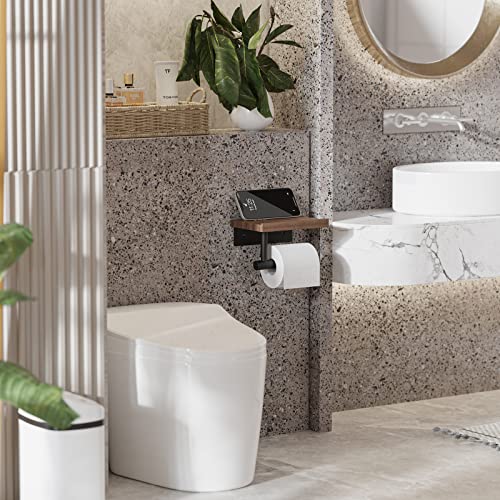 Tindbea Toilet Paper Holder With Wood Shelf, Wooden Wall Mount Tissue Paper Roll Holder, Matte Black Stainless Steel Bathroom Accessories Decor For Household Home Apartment Restroom Essential (Walnut) #TOP2