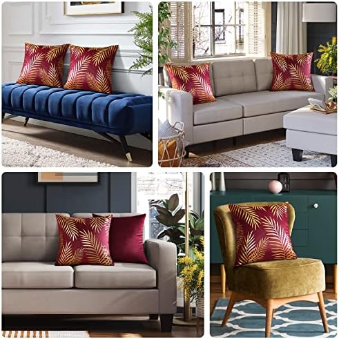 JOTOM Set of 2 Cushion Covers 45x45cm Velvet Decorative Throw Pillow Covers Gold Leaves Decorative Pillow Cases Bronzing Cushion Cover for Couch Bedroom Sofa Car Home Living Room Decor (Burgundy)