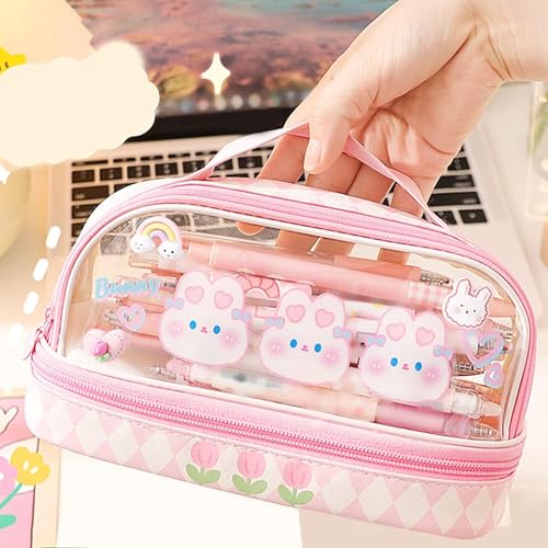 Qcwwy Large Capacity Transparent Pencil Case Bag, Waterproof Cartoon Cute Stationary Bag with Zipper - Image 2