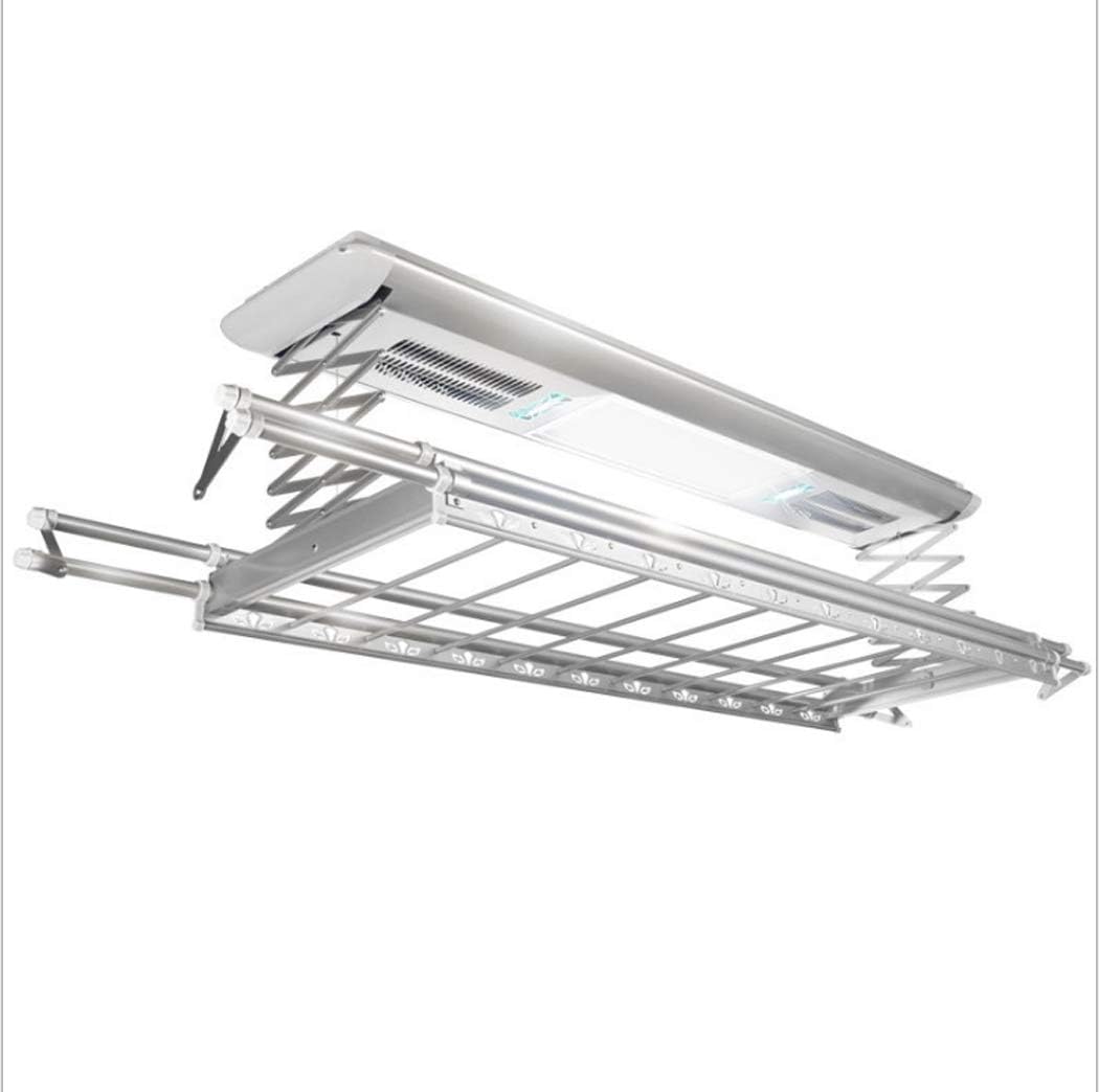 Electrical Drying Rack Ceiling Mounted Clothes Drying Rack with LED Light, Drying Fan, UV Sterilization Remote Control (Color : Silver, Wattage : 110v)