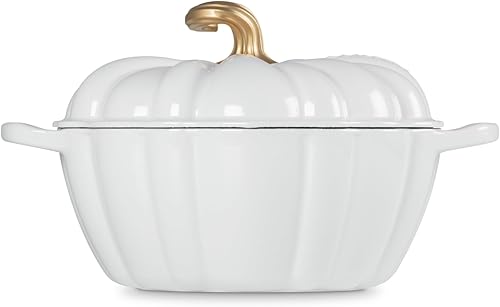 Miniatura 4 de Le Creuset Figura de calabaza de hierro fundido esmaltado Cocotte, 4 cuartos de galón., blanco con perilla de cobre