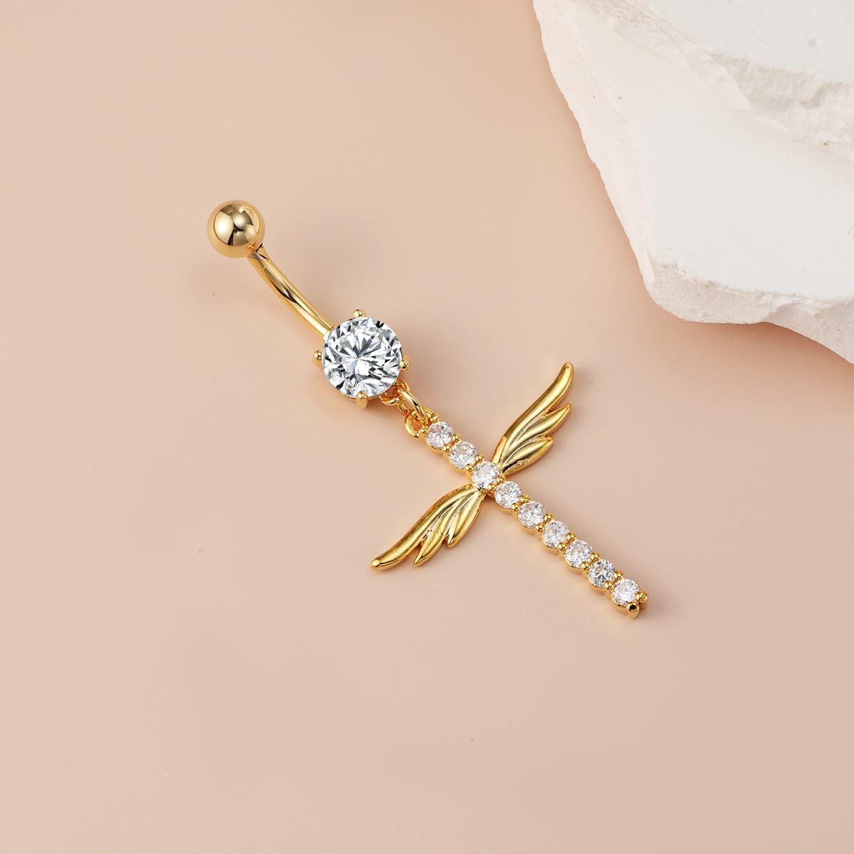 14G CZ Wing Cross Dangle Belly Button Rings for Women 316L Surgical Steel Cross Belly Navel Ring Navel Piercing Barbell Sparkling Body Piercing Jewelry - Image 4