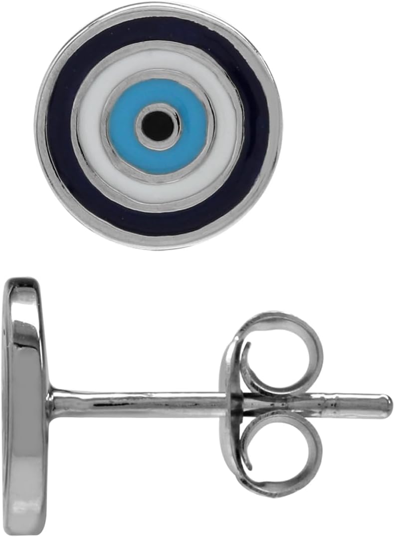 Silvershake Petite Blue and White Enamel White Gold Plated 925 Sterling Silver Evil Eye Stud Earrings