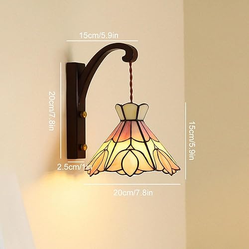 Miniatura 4 de Vintage Tulip Wall Sconce Stained Glass Wood Wall Lamp Hardwired E26E27 Base Lighting for Living Room Bedroom Floral Glass Light