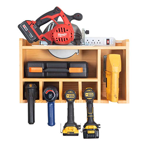Power Tool Organizer for Garage - Fully Assembled Wood Tool Chest, 4 Drill Charging Station and Circular Saw Holder - Power Strip Included - Great Workshop Organization and Storage Gift for Men