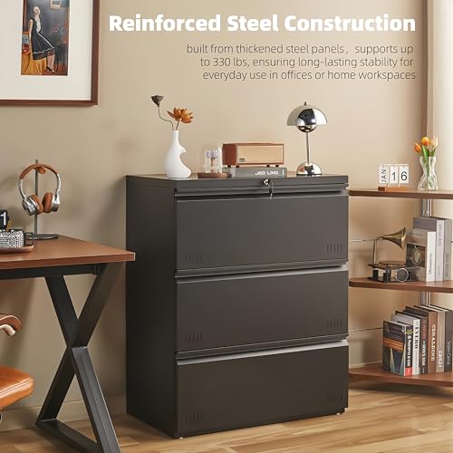 Image of Guizeeopo Metal File Cabinet with Lock, 3 Drawer Lateral File Cabinets for Home Office, Heavy Duty Office Storage Cabinet for A4 /Letter /Legal Size, Assembly Required(Black)