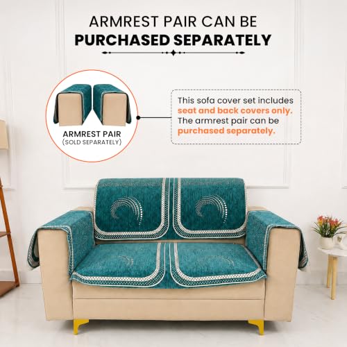 Image of Homerz Premium Chenille Fabric Sofa Cover | Soft, Durable & Dustproof | Decorative Couch Cover (Ghoomar Teal, 2 Seater, Seat Cover with Backrest)