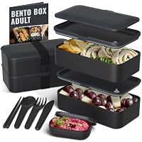 Bentoheaven Premium Bento Box Adult Lunch Box with 2 Compartments (1200ml), Cutlery & Set of Chopsticks, Large Dip Container, Cute Black Japanese Bento Box, Rectangle, Microwavable (Outer Space)