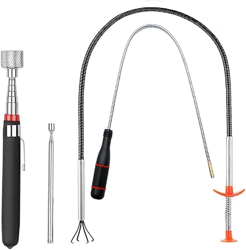 Juego de 4 herramientas de recogida de imanes telescópicos, herramientas de recogida extensibles, barra de imán de resorte flexible, agarre de curva
