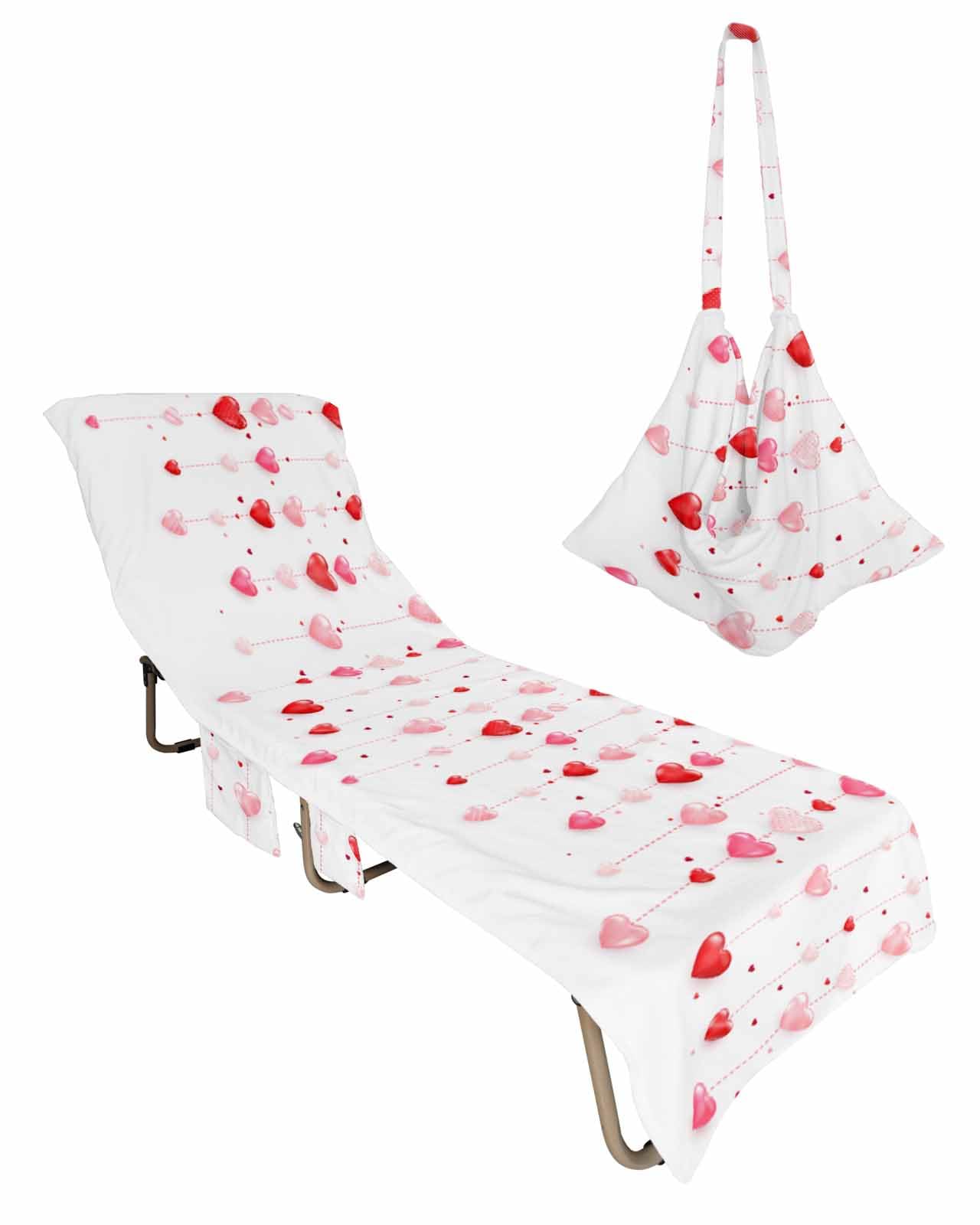 Red Pink Valentine Beach Lounge Chair Towel Cover, Soft Chaise Lounge Towel with Side Pockets Patio Pool Chairs Cover for Beach/Pool Sunbathing 29x85 Love Heart Red Pink Weeping