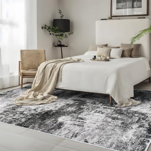 RUUGME 5x7 Abstract Area Rug: Large Washable Living Room Rug Indoor Non Slip Low Pile Carpet for Bedroom Soft Foldable Stain Resistant Distressed Thin Rug for Dining Room Kitchen 5x7 Black A