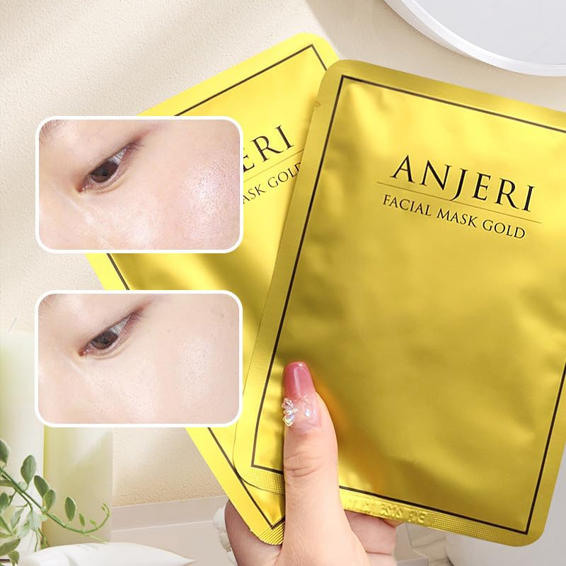 1 BOX NEW Anjeri Gold Facial Mask Moisturizing Silk Silver Facial Mask, Deep Hydrates Soothes Skin & Improve Fine Lines, Nourishing & Firming Facial Mask, 35 ml* 10 Piece (Golden)
