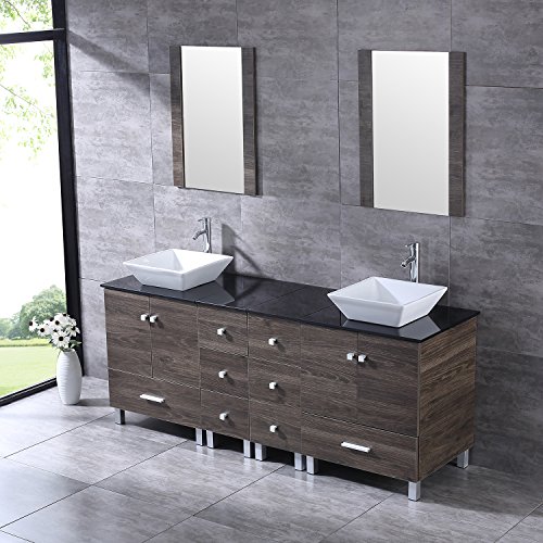 Walsport 72" Bathroom Vanity Wood Cabinet Square Ceramic Vessel Sink Modern Design Two Sinks With Faucet Drain Mirrors #TOP2