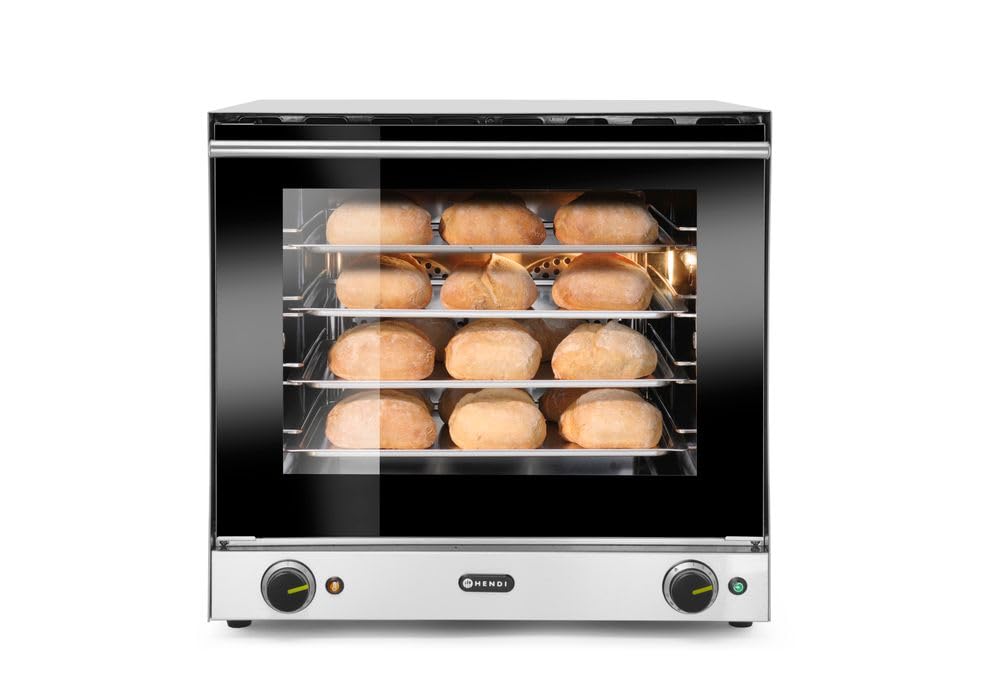 HENDI Forno a Convezione Professionale H90, 2670W, incl. 4 Teglie in Alluminio, 2 Ventole, 50-300°C, Timer 0-120min, Interno Smaltato, Porta a Doppio Vetro, 230V, 595x595x(H)570mm, Acciaio Inox