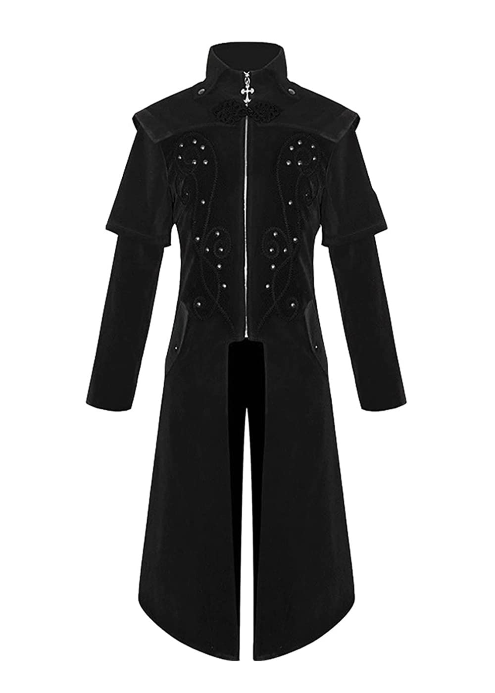 Men's Retro Renaissance Gothic Steampunk Tailcoat Jacket, Medieval Victorian Embroidered Velvet Tuxedo Uniform, Vintage Adult Halloween Pirate Cosplay Costumes Outfits (Black, S)