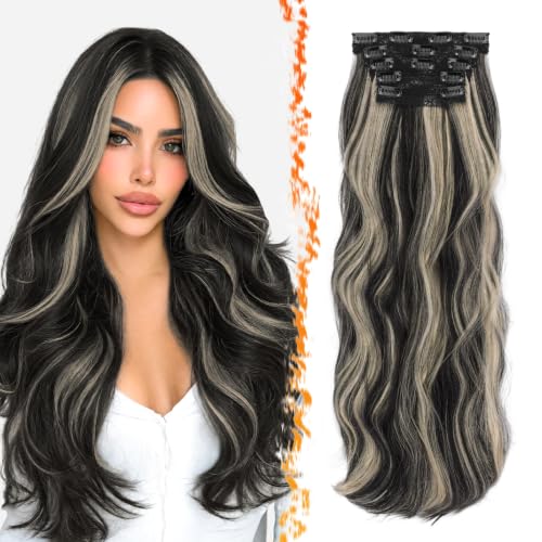 Image of BARSDAR Black Blonde Clip in Hair Extensions, 24 Inch Long Wavy Layered Clip in Hair Extensions for Women 5 PCS Lace Weft Voluminous Easy Wear Synthetic Wavy Black with Blonde Highlight Hairpieces