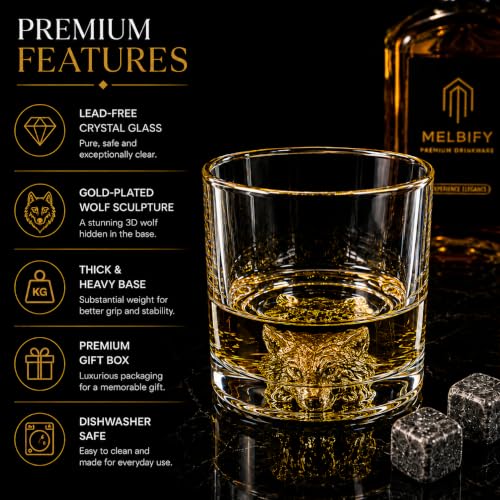 Image of Melbify Gold Wolf Whiskey Glass Gift Set | 6 pcs Set | 300 ml | Premium Packing | Gift Box | Gold-Bottomed | Imported | Luxurious | Ideal for Wedding Gifts, Anniversary, VIP and Corporate Gifts