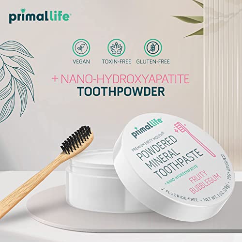 Primal Life Organics - Dirty Mouth Toothpowder, Tooth Cleaning Powder, Flavored Essential Oils With Natural Kaolin & Bentonite Clay, Good For 200+ Brushings, Organic, Vegan (Fruity Bubblegum, 1 Oz) #TOP5
