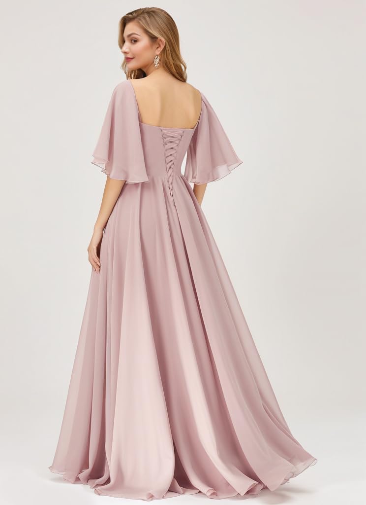 IIF Women's Chiffon Bridesmaid Dresses for Wedding Flutter Sleeves Ruched A Line Long Formal Dress with Slit IIF149 - Image 2