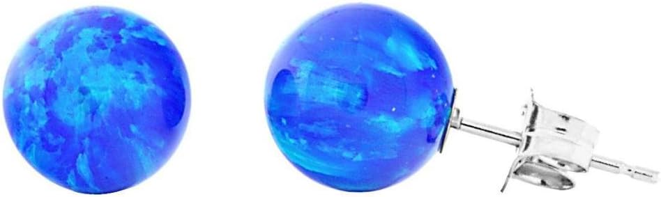 Oceans: 8mm Tropical Blue Created Opal Ball Stud Post Earrings, Solid 14k Gold