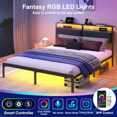 Image of J.Fkne Queen Bed Frame with LED Lights & Charging Station, Metal Platform Bed Frame with 2 Tier Storage Headboard, Under Bed Storage, No Box Spring Needed, Noise Free, Easy Assembly