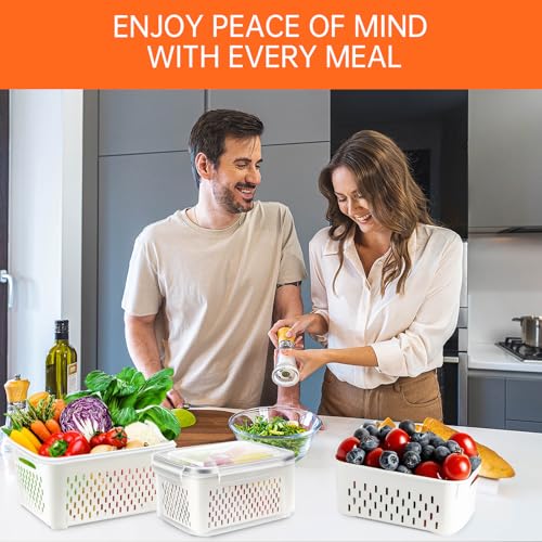 Freshmagis 8PCS Fridge Organizers with Lids & Removable Colander – Stackable Fruit & Veggie Storage Containers for Refrigerator (Maximum 3150ML)