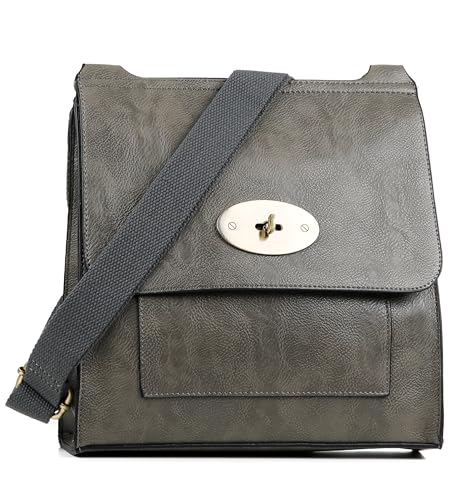 AOSSTA Women's Cross-Body Bags Leather Large Cross Body Messenger Bag Shoulder Bag (21601 Dark Grey)