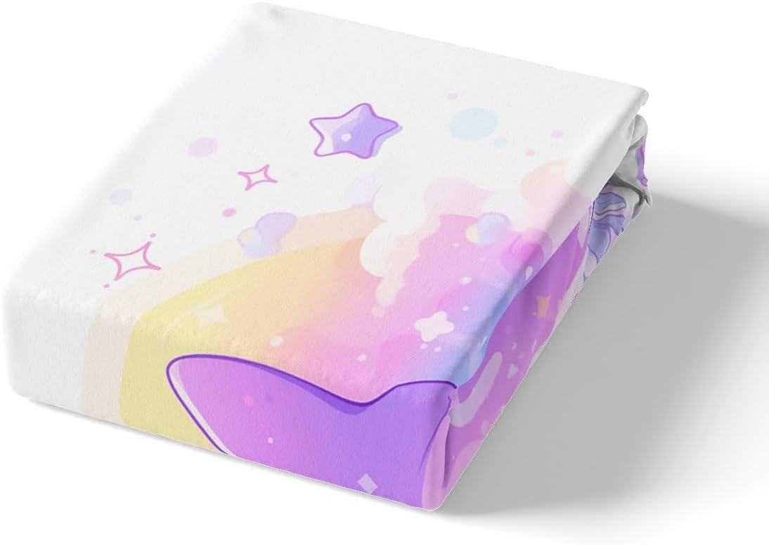 Kawaii Shark Kids Fitted Sheet Twin Size,Cartoon Flowers Stars Rainbow Bedding Set,Boys Girls Room Decor,Sea World Cute Ocean Creature Bed Cover,Purple Romantic Bed Sheet,1 Pillowcase