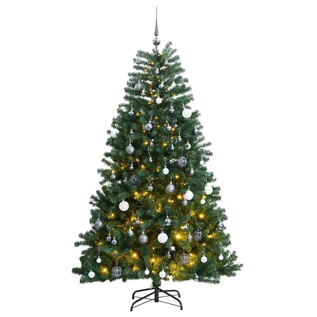 Sztuczna choinka składana, 210 cm, zielona, z 300 diodami LED o ciepłej bieli i 120 bombkami, metalowy stojak, do użytku wewnątrz pomieszczeń