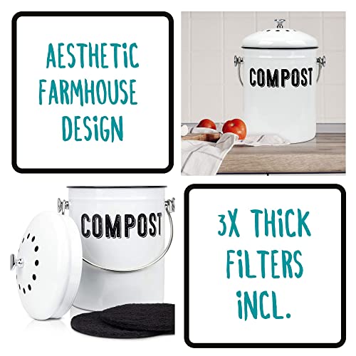 Granrosi Compost Bin Kitchen, Kitchen Compost Bin Countertop, Indoor Compost Bin, Countertop Compost Bin With Lid, 100% Rust Proof Compost Bucket W/Non-Smell Charcoal Filters, 1.3 Gallon - White #TOP2