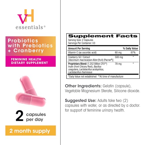 vH Essentials Probiotics for Women with Prebiotics, Cranberry & Vitamin C - 120 Capsules (60 Day Supply) -Probiotics Support Gut Balance, Health & Urinary Tract Health for Women - Thumbnail 5
