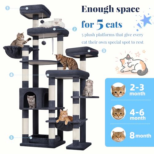 Image of Hey-brother Cat Tree Tower, Wide Base, 5 Platforms for Multi-Cats, MPJ074G | 72.8 Inches Tall Furniture, 5 Plush Beds, Large Condo, Big Hammocks, Sisal Scratching Posts, for Indoor Adult Cat, Smoky Gray