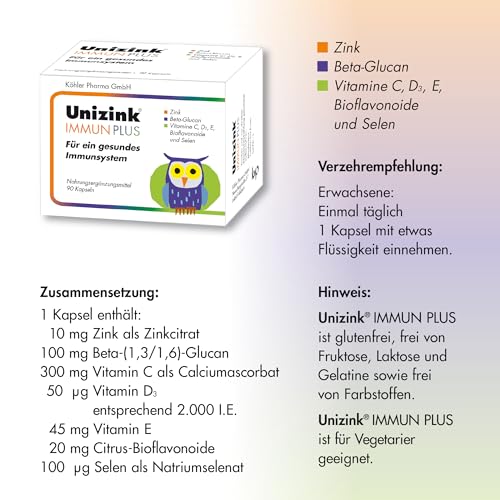 Unizink IMMUN PLUS – Nährstoff-Komplex mit Zink, Vitamin C, D3 und E sowie Selen, Bioflavonoiden und Beta-Glucan, unterstützt eine normale Funktion des Immunsystems, gluten- & laktosefrei, 90 St