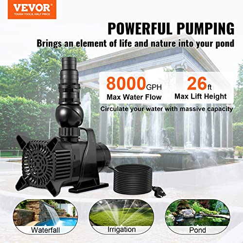Vevor Submersible Water Pump, 8000 Gph, 530W Pond Pump Submersible W/ 3 Nozzles, 26Ft Lift Height, 33Ft Power Cord, For Waterfall Fountain Koi Pond Aquarium Hydroponic With Barrier Bag #TOP1
