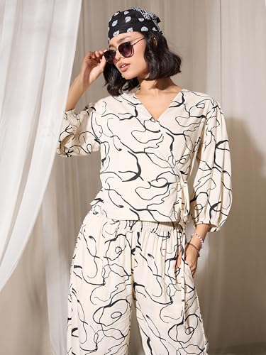 Image of barcino Off-White Abstract Wrap Top With Palazzos