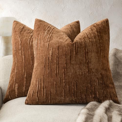 Image of Foindtower Pack of 2 Slubby Textured Chenille Throw Decorative Pillow Covers Square Accent Solid Cushion Cover Fall Cozy Farmhouse Pillow Case for Couch Sofa Bed Living Room 22x22 Inch,Autumn Orange