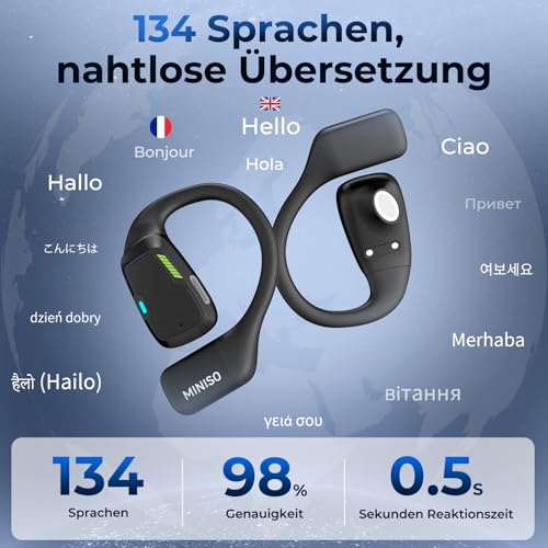 MINISO M98 AI Übersetzer Kopfhörer, 3-in-1 Echtzeit Übersetzer Kopfhörer mit app, 134 Sprachen Übersetzungskopfhörer mit LCD Touchscreen, Open Ear Übersetzer Ohrhörer für Lernen, Reisen, Business