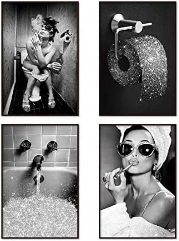 Bathroom Decor Wall Art Prints Glam Glitter Tissue Bathroom Artwork for Wall Black and White Modern Fashion Women Funny Bathroom Wall Art Set of 4 (8x12 in UNFRAMED, Black and White)