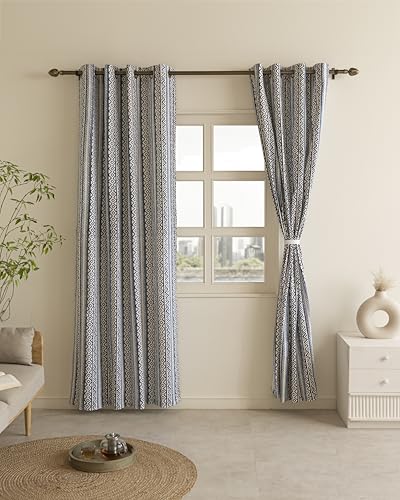 Image of THE LINEN COMPANY Cotton Room Darkening, Light Blocking Curtain 7.5 feet with Eyelet Rings 2 Pcs Set for Living Room, Dining Hall, Hotel, Farm House (4.5 ft x 7.5 ft, Bohemia Blue)