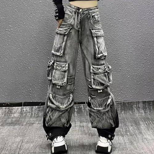 Gothic Y2K Streetwear Women's Cargo Jeans - Multi-Pocket Gradient Denim Pants, Hip-Hop Fashion2
