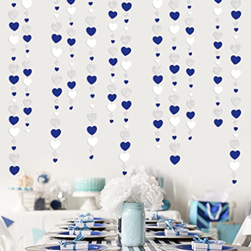 Image of 52 Ft Valentines Day Party Decorations Navy Blue Silver Heart Garlands Silver Royal Blue Hanging Streamer Banners for Anniversary Bachelorette Engagement Wedding Bridal Shower Birthday Party Supplies