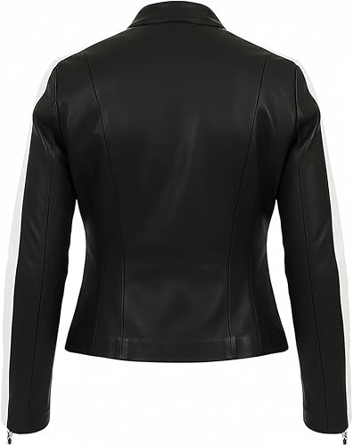 Miniatura 5 de UGFashions Womens Racing Style Black Lambskin Leather Jacket - Cafe Racer Retro Biker White Stripes Vintage Motorcycle Jacket