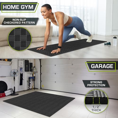 Image of ProsourceFit Exercise Puzzle Mat -inch, Checkered EVA Foam Floor Tiles w /Non-Slip Texture, Interlocking Design for Adjustable Gym Surfaces, Shock Absorbing, Black, 24 Sq Ft - 6 Tiles