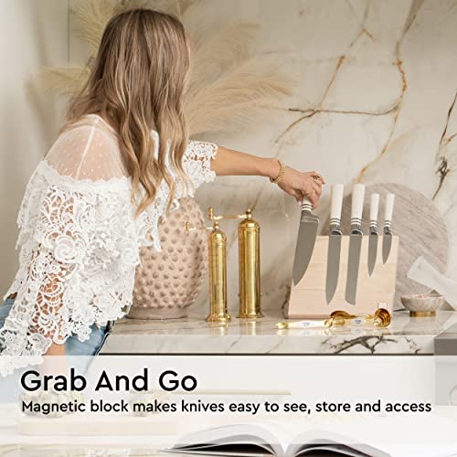 White Knife Set With Magnetic Knife Holder Stand - 6 Pc White Magnetic Knife Set Includes White Handle Knife Set With Ashwood Magnetic Knife Block - White Kitchen Accessories, White Kitchen Décor #TOP2